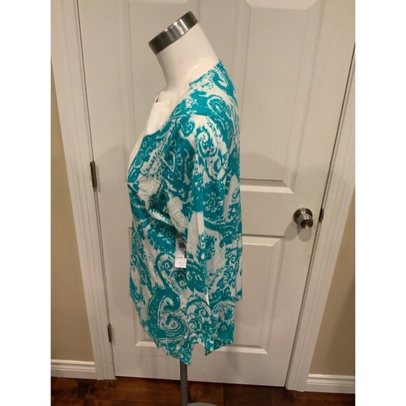 Lauren Ralph Lauren Petite Teal Blue & White Patterned 3/4 Sleeve Shirt, Size PL - Picture 3 of 5